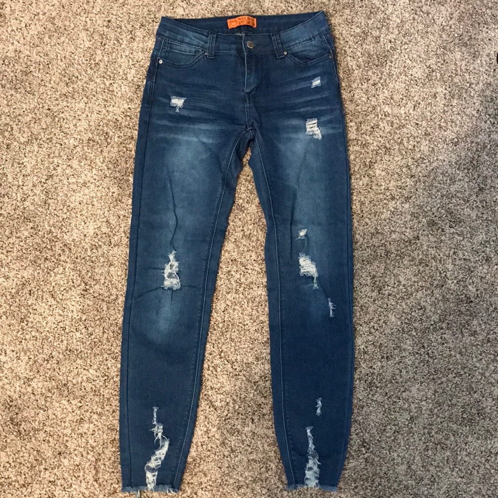 Dark-wash distressed jeans